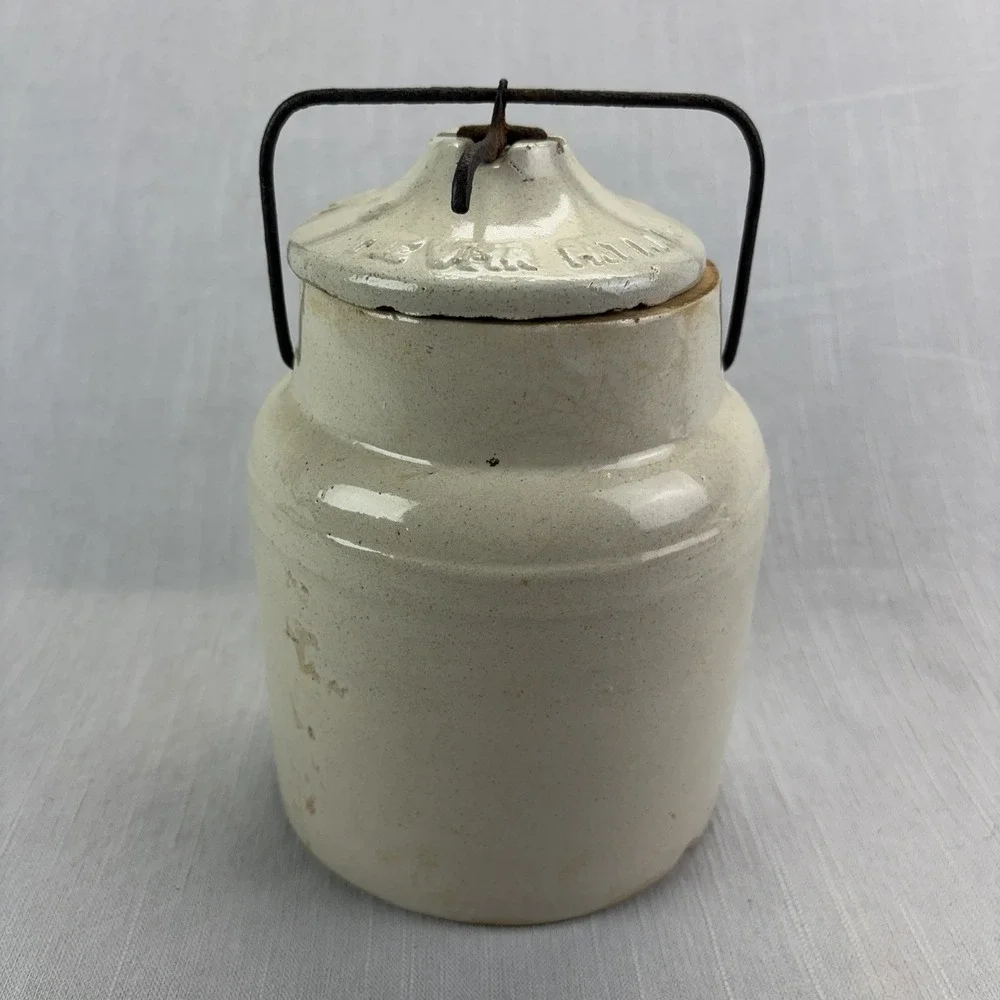 Vintage April Fool Stoneware Crock Jar with Lid & Wire Bail Handle Off-White